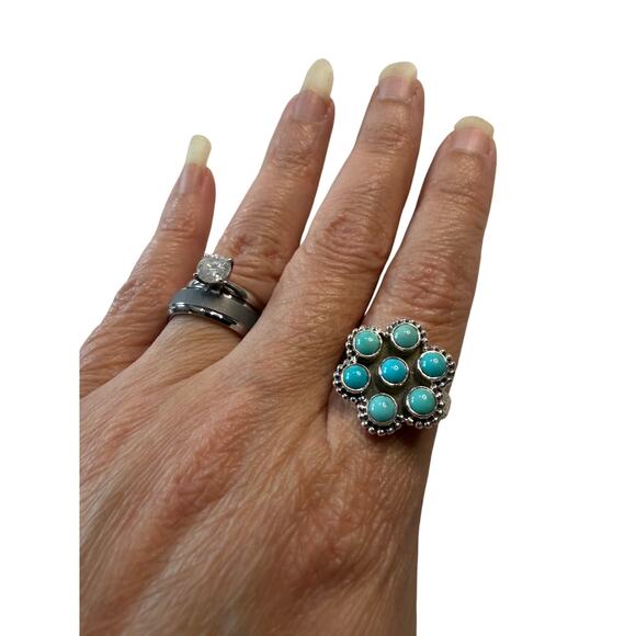 925 Sterling Silver Mohave Turquoise Flower Ring – Size 8 - Picture 2 of 3
